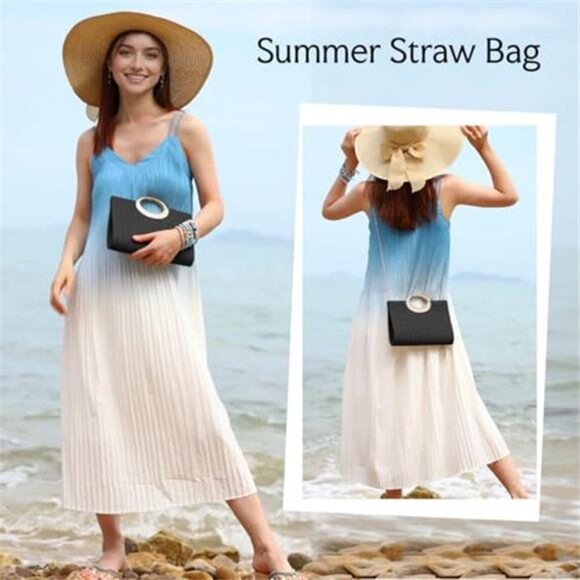 Straw Top Handle Clutch Purse Summer Beach Evening Handbag Women Black - Picture 7 of 9